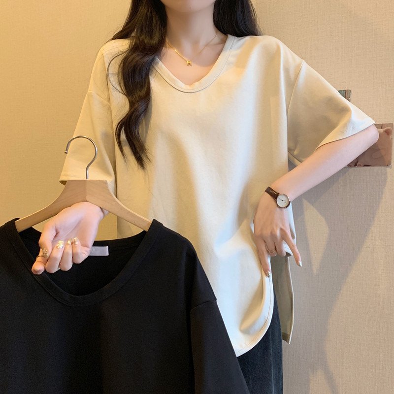 실사 빅 사이즈 여성 의류 지방 mm 여름 불규칙 u 칼라 트임 긍정적 인 어깨 의류 루즈핏 다용도 표지 배 반팔 T