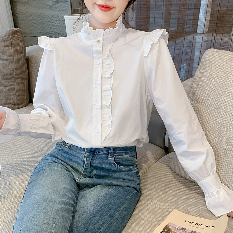 있음 선적 실사 2026 가을 새로운 다용도 프릴 긴팔 면 소재 흰 셔츠 여성 셔츠