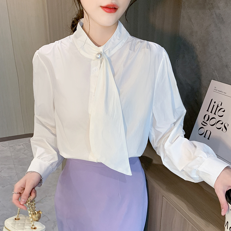있음 선적 실사 2026 가을 새로운 새로운 나비 매듭 긴팔 면 소재 캐주얼 흰 셔츠 여성 셔츠 가을