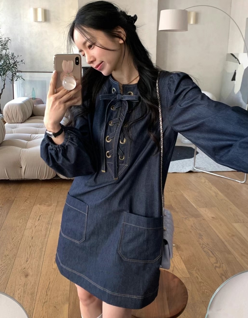 BY32161# 有货INS韩国东大门设计感绑带灯笼袖牛仔娃娃裙连衣裙女 服裝批發女裝批發服飾貨源