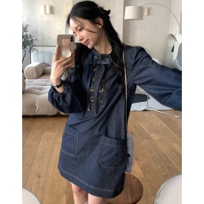 批发设计感绑带灯笼袖牛仔娃娃裙<b class='q'>连衣裙</b>女