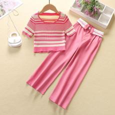 批发女<b class='q'>童</b><b class='q'>夏季</b><b class='q'>套</b>装2026新款大<b class='q'>童</b>洋气时髦短款T恤条纹儿<b class='q'>童</b>阔腿裤两件套