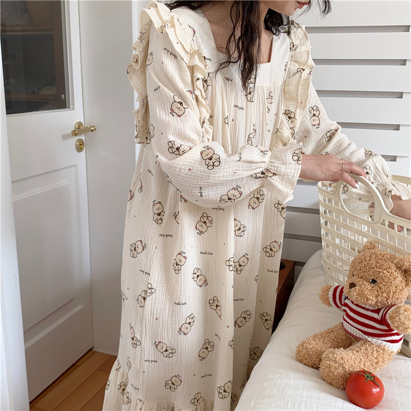 Actual shot of Korean style soft cotton ruffled square collar loose and comfortable outer wear autumn pajamas and home wear dress