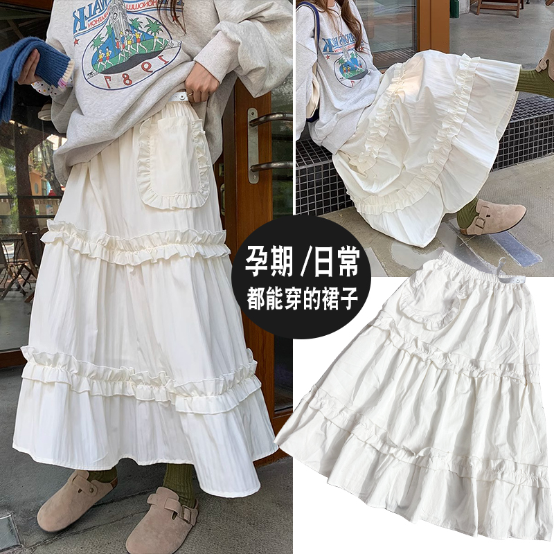 주간 고양이 품질 임산부 가을 섹션 케이크 드레스 레이스 주머니 없음 복부 지지 고무 밴드 조정 롱 스커트 반신 스커트