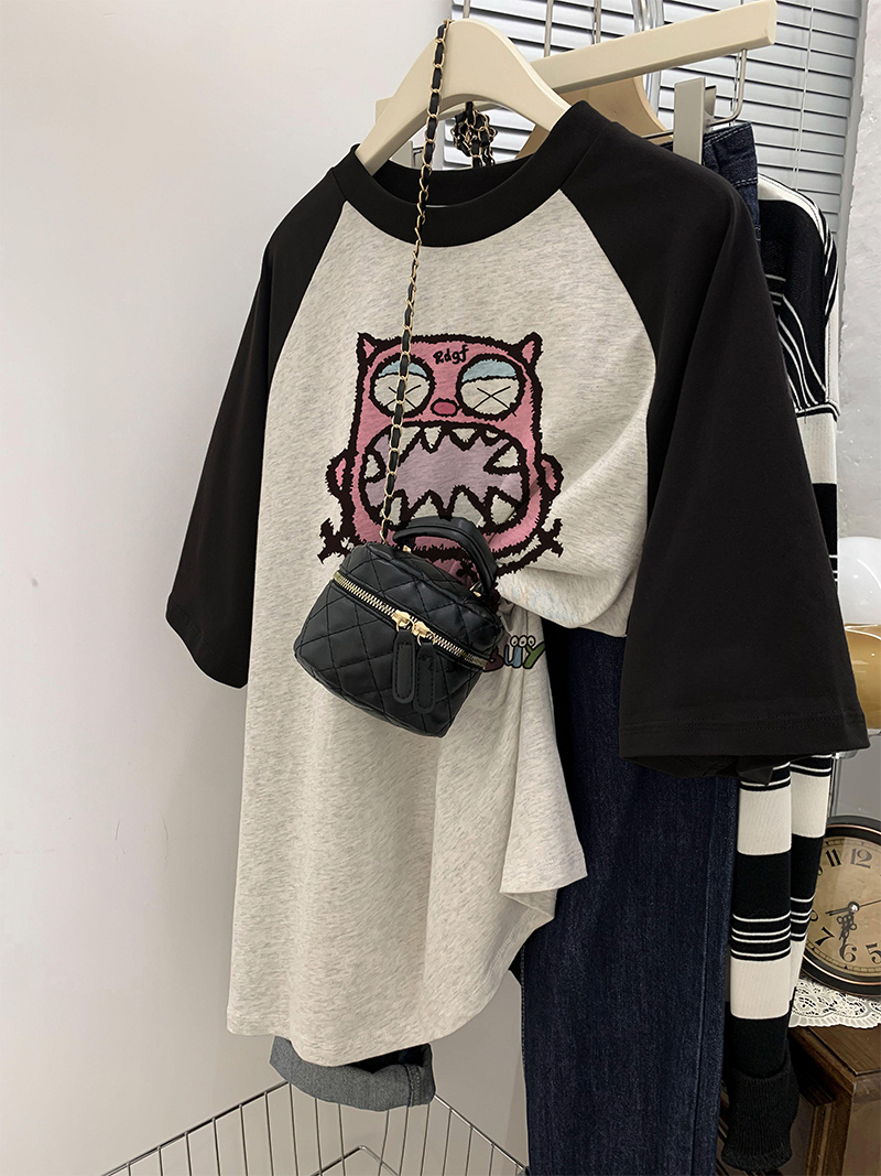 夏季顯瘦插肩袖t恤女大碼港風胖mm高級感潮牌ins純棉百搭短袖上衣