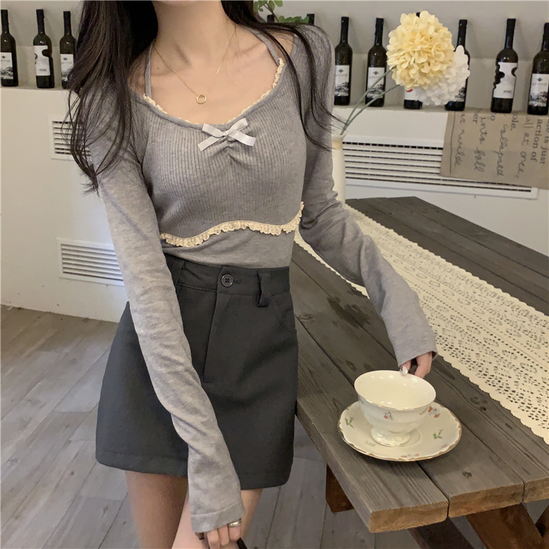 Actual shot of spring new square-neck pure lust lace splicing long-sleeved knitted top for women
