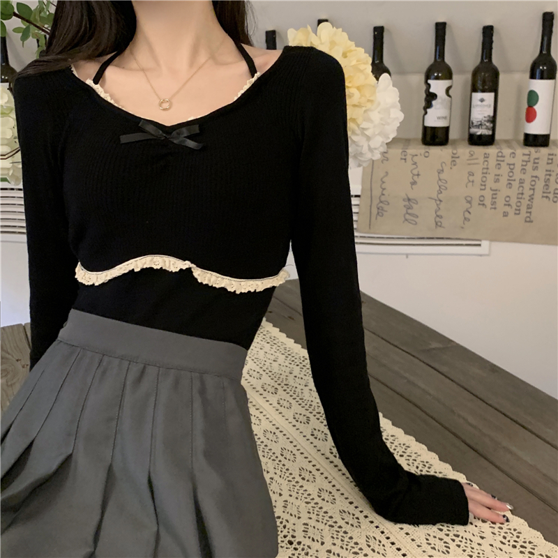 Actual shot of spring new square-neck pure desire lace splicing long-sleeved knitted top