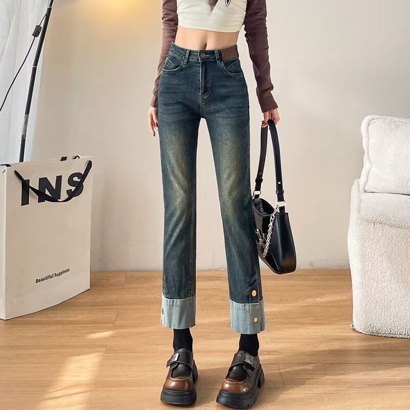 黑色直筒牛仔褲女2024年新款高腰顯瘦小個子煙管褲子女秋冬季