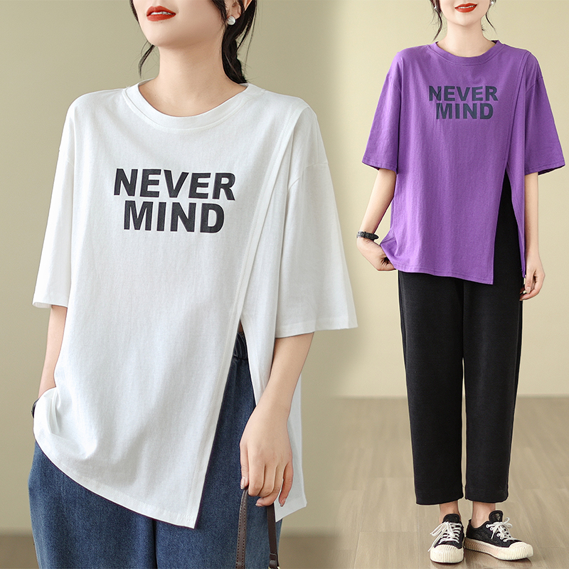 실사 빅 사이즈 트임 반팔 티셔츠 디자인 센스 작은 불규칙 루즈핏 슬림해 보이는 프린트 맨위 m-4xl200 근