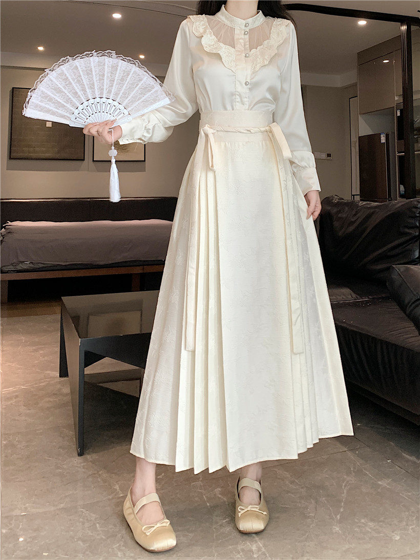 Real shot of new Chinese style women's clothing improved horse skirt half length skirt pleated skirt