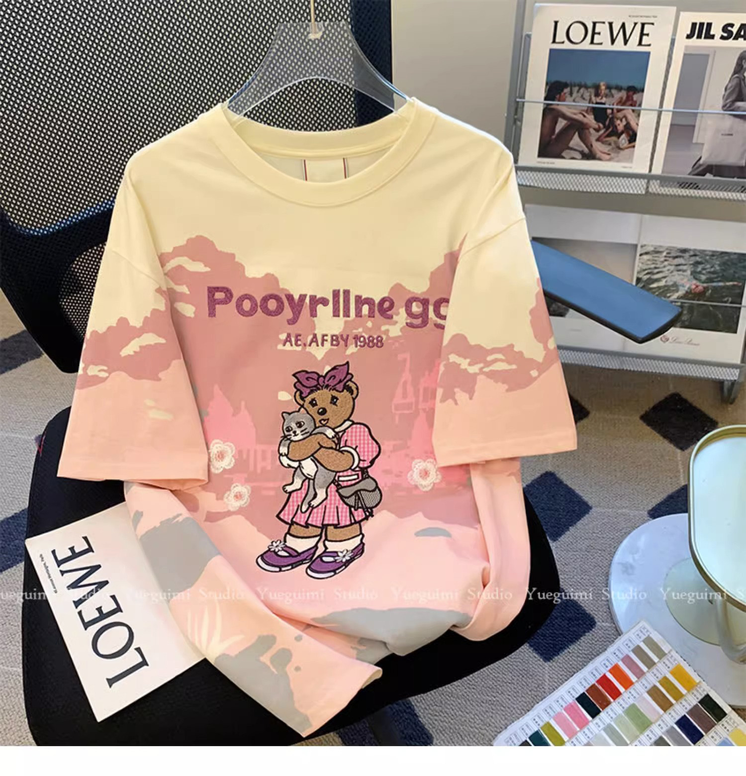 扎染小熊短袖t恤女夏季寬鬆顯瘦美式復古設計感甜辣妹正肩上衣ins
