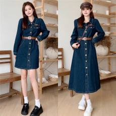 批发<b class='q'>大码</b>女装胖妹妹mm显瘦复古风中长款闺蜜裙长袖牛仔连衣裙女