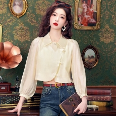 批发中国风衬衫女装春秋2026新款盘扣设计感<b class='q'>不规则</b>短款高级感长袖上衣