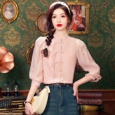 批发2025春秋季新款国风新中式衬衫女粉色盘扣泡泡袖设计感<b class='q'>雪纺上衣</b>