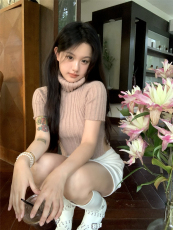 实拍实价~韩女角色卡高领开叉折叠短款修身上衣纯色短袖毛衣