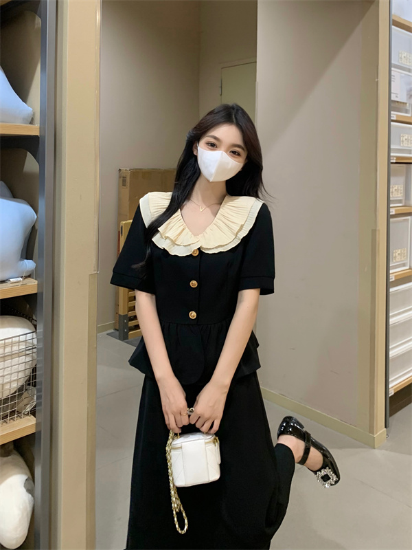 실사 여름 플리츠 폴로 칼라 세트 여성 여름 섹션 레트로 맨위 하이웨이스트 한 마디 반신 스커트 외국 가스 투피스 세트