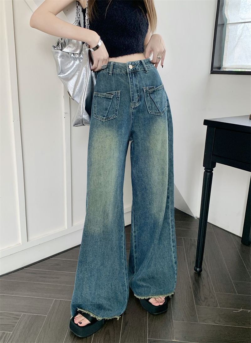 Actual shot of new spring high-waisted loose slimming raw edge wide-leg long jeans for women