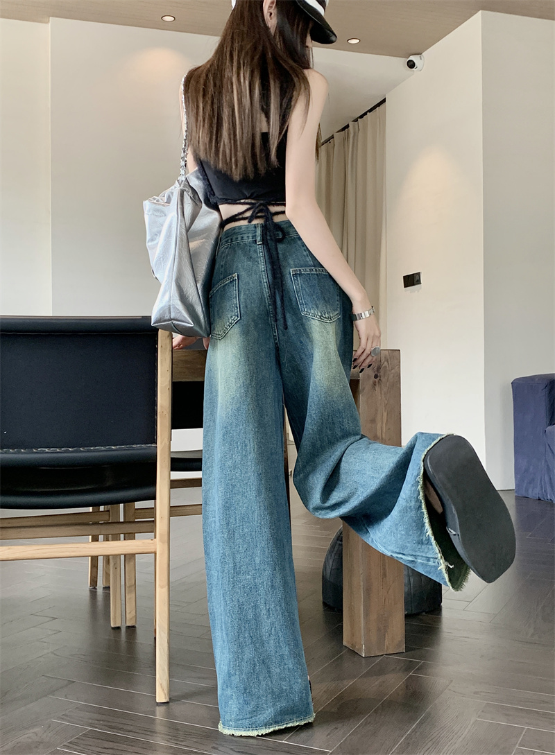 Actual shot of new spring high-waisted loose slimming raw edge wide-leg long jeans for women