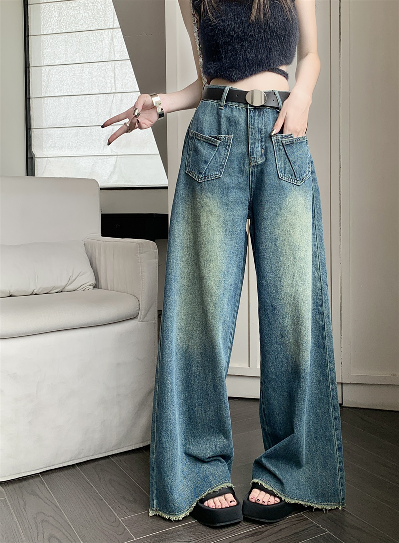 Actual shot of new spring high-waisted loose slimming raw edge wide-leg long jeans for women