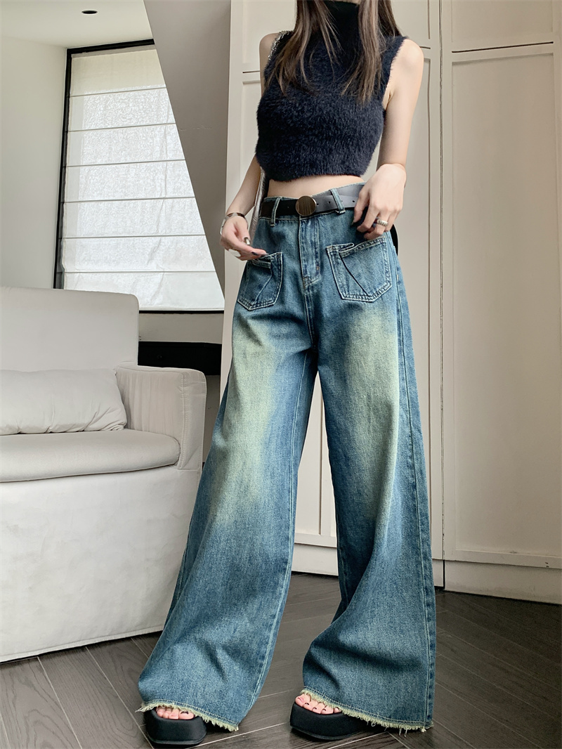 Actual shot of new spring high-waisted loose slimming raw edge wide-leg long jeans for women