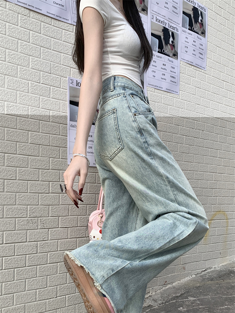 Actual shot of new high-waisted loose straight-leg simple and versatile light-colored raw edge long jeans for women