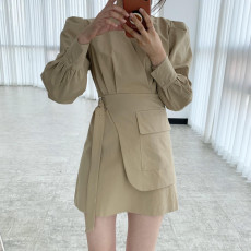 批发韩国chic气质V领交叉侧边环扣腰带泡泡袖假两件<b class='q'>连衣裙</b>短裙女