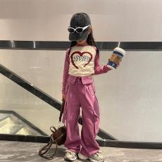 批发女童春秋季休闲套装韩版<b class='q'>儿童</b>中大童时髦撞色长袖T恤工装裤两件套