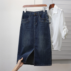 批发实拍春新款大码女装胖妹妹宽松中长款裙松紧腰打底牛仔半身裙