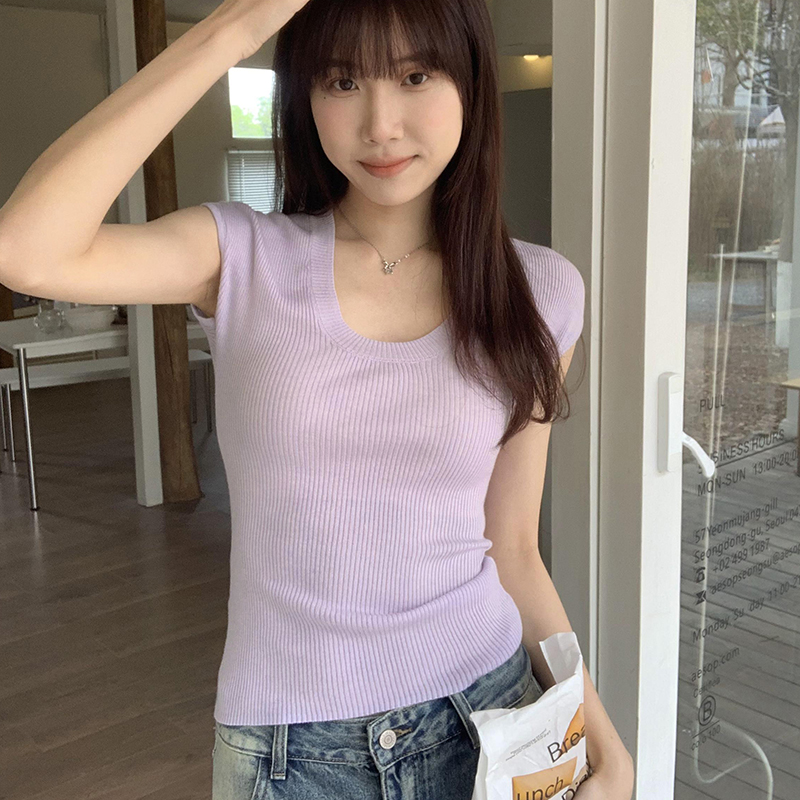 Actual pictures simple U-neck solid color short-sleeved T-shirt for women 2024 spring new slim short chic sweater