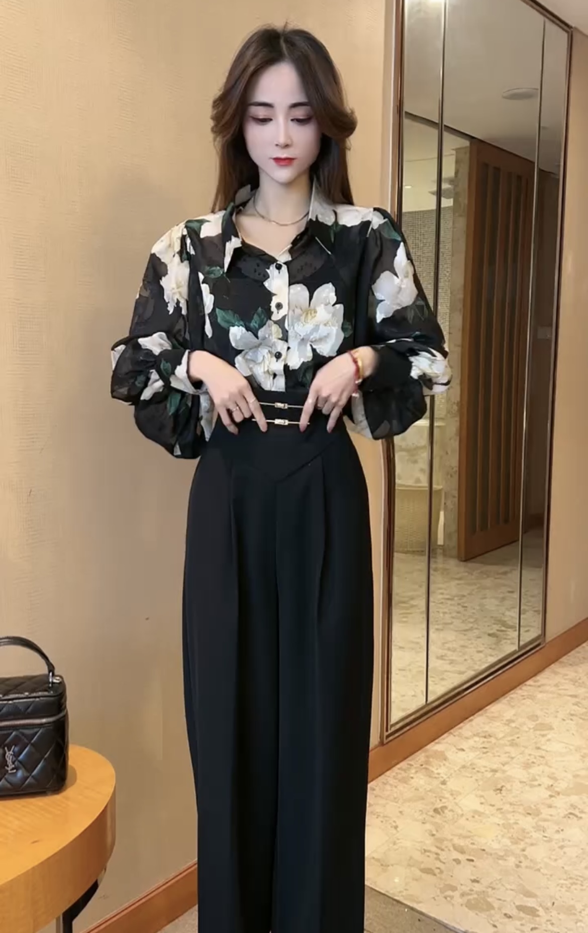 Temperament and fashion suit 2024 spring new long-sleeved design shirt + high-waisted Chinese style wide-leg pants