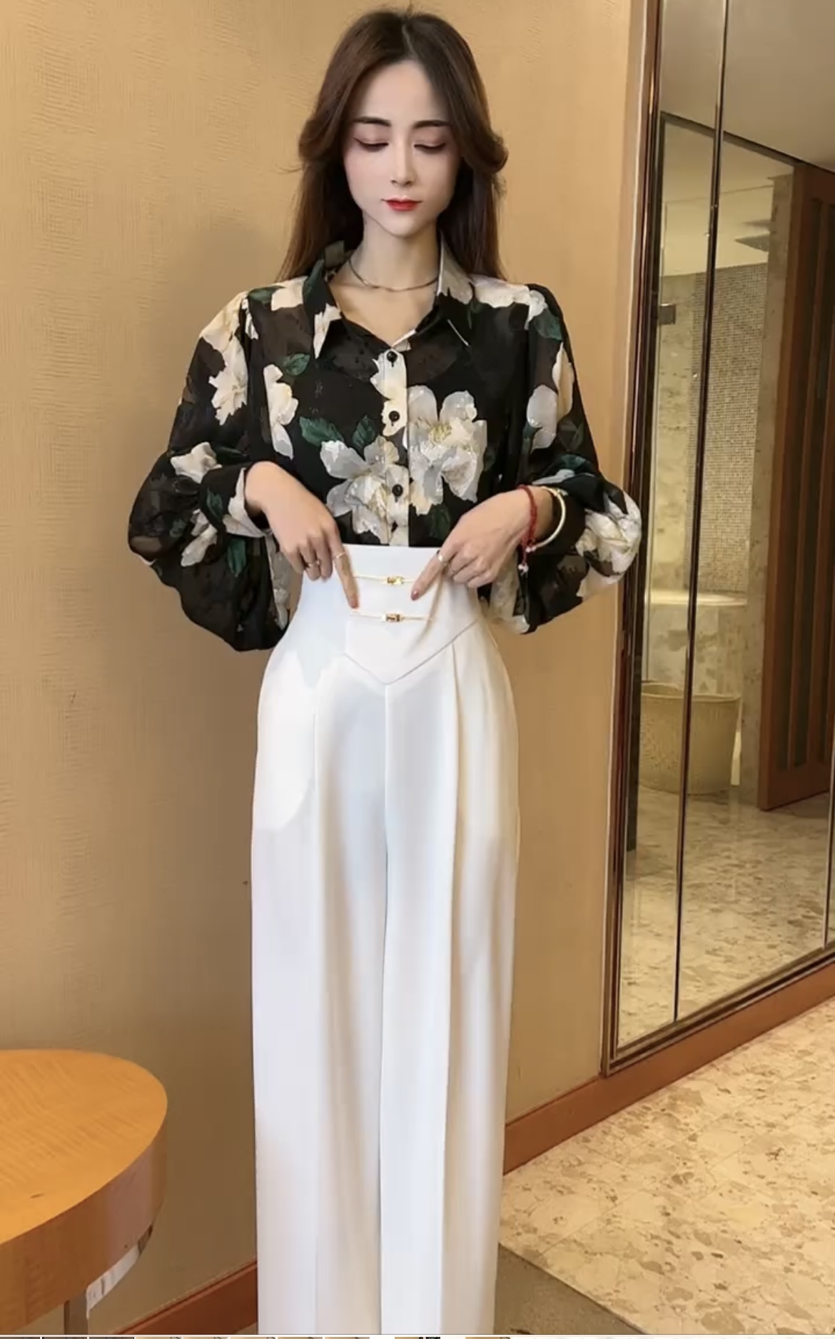 Temperament and fashion suit 2024 spring new long-sleeved design shirt + high-waisted Chinese style wide-leg pants