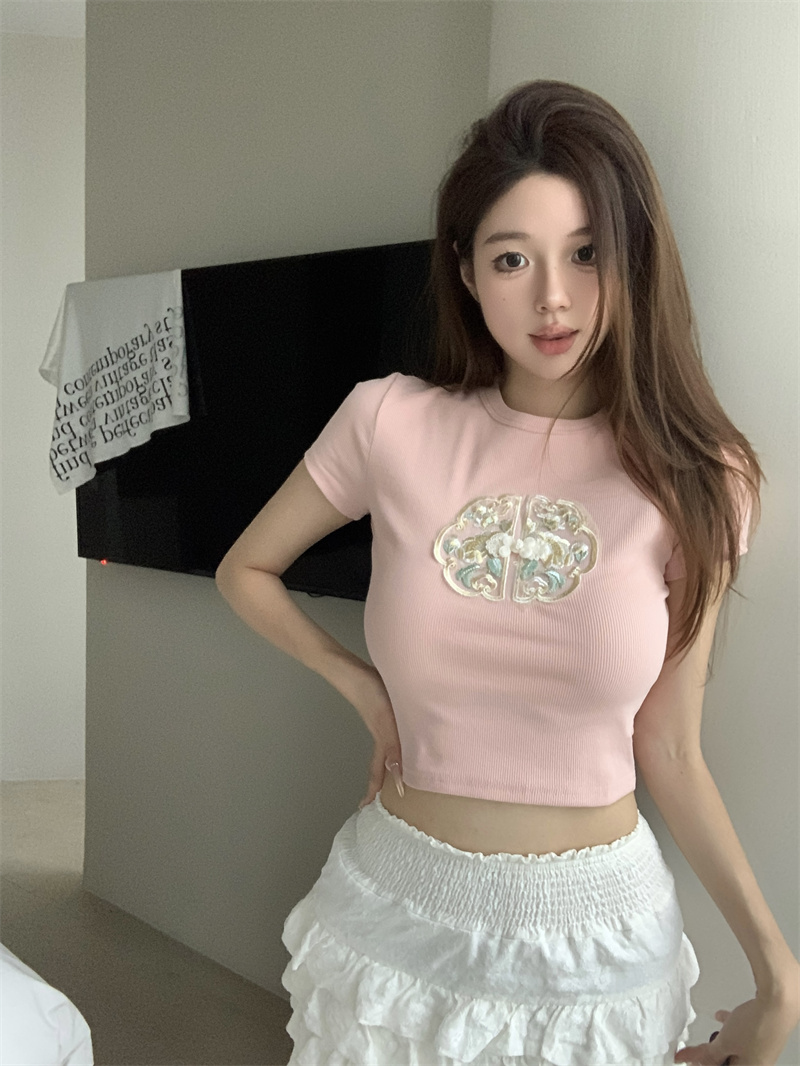 실사 정가 새로운 중식 국풍 여성 여름 쇼트 스타일 레트로 라운드 넥 자수 치파오 버클 반팔 티셔츠