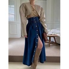 批发2026 牛仔裙单排扣a字半身裙