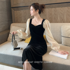 批发秋装赫本风小黑裙金丝绒<b class='q'>连衣裙</b>v领<b class='q'>泡泡袖</b>包臀裙