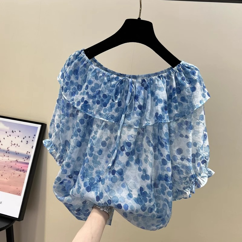 原版做工2024年新款碎花荷葉邊一字肩短袖遮肚子雪紡衫上衣女潮