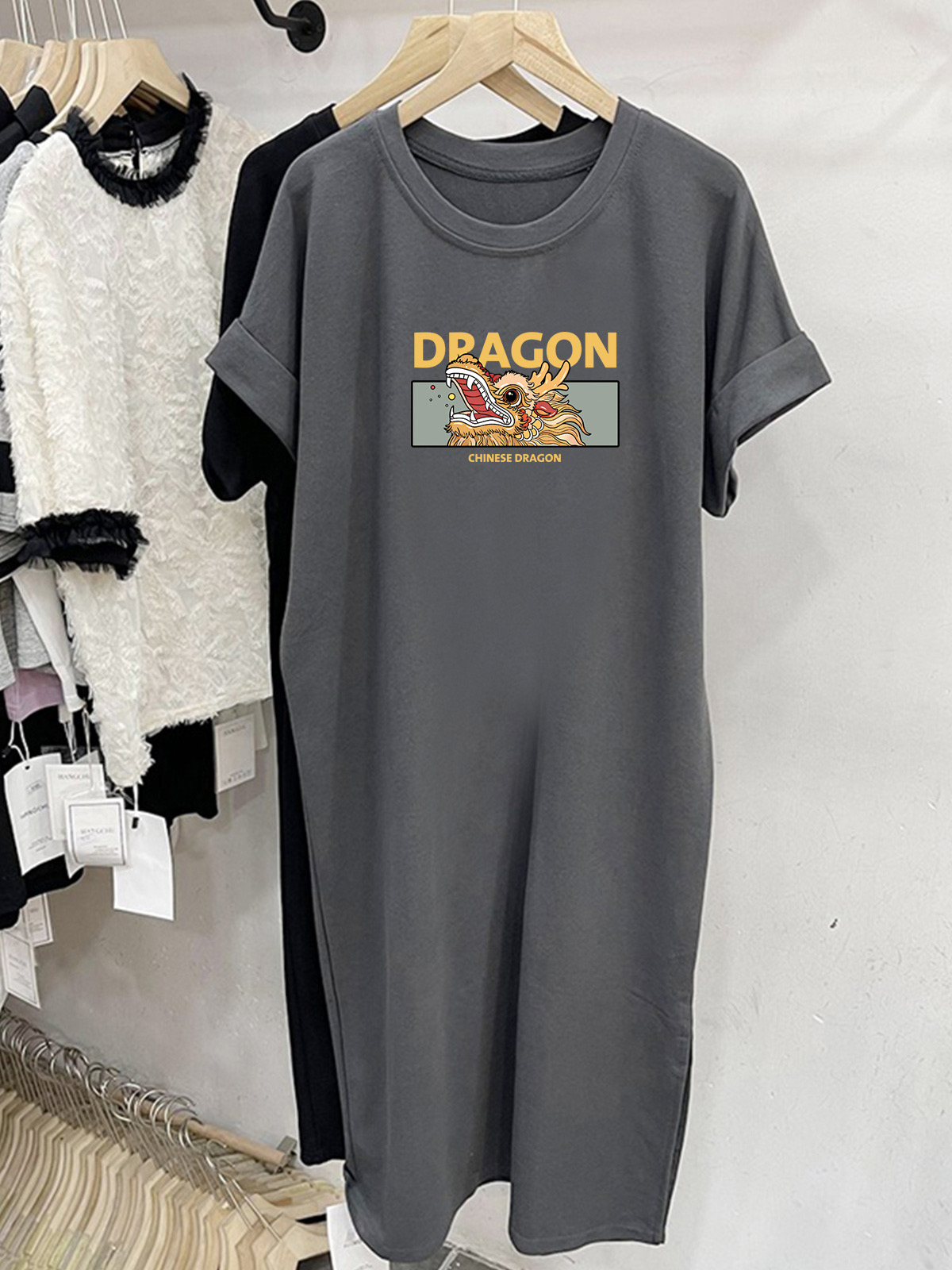 2024新款慵懶風韓版休閒連衣裙中長款韓系字母印花t恤連衣裙女夏