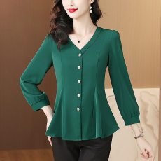 批发大码女装<b class='q'>春</b>秋季新款时尚V领收腰遮肚修身显瘦时尚设计感小众衬衫