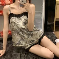 批发网图性感睡衣女夏吊带<b class='q'>短裤</b>套装缎面蕾丝花边带胸垫水墨<b class='q'>印花</b>家居服