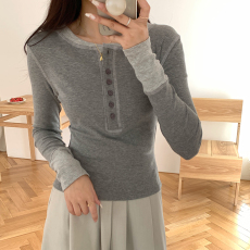 批发实拍 撞色针织T恤女春秋新款长袖内搭打底衫修身短款圆领上衣