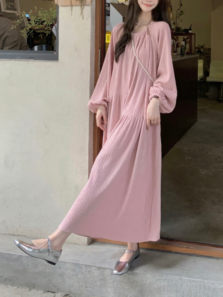 Actual shot~Korean chic asymmetric design round neck pleated textured loose long dress