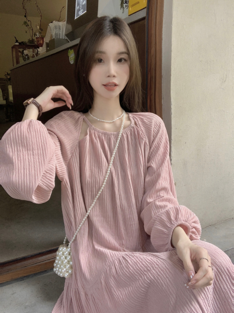 Actual shot~Korean chic asymmetric design round neck pleated textured loose long dress
