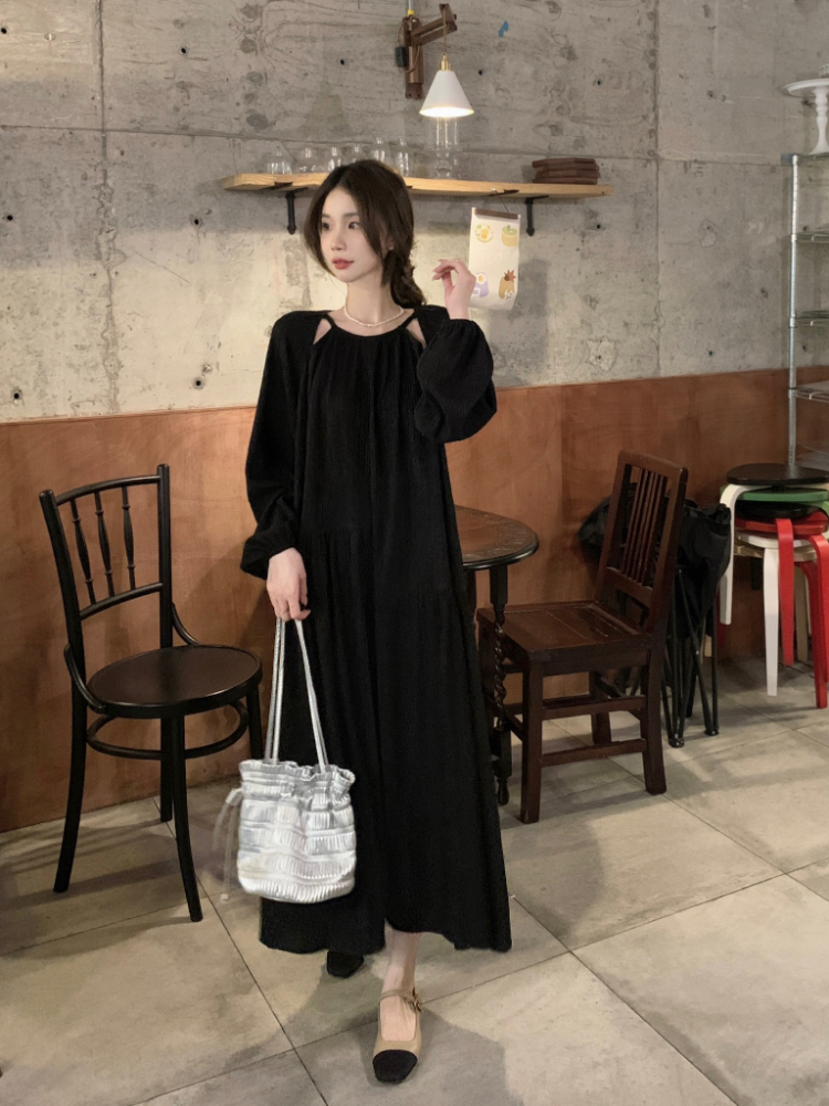 Actual shot~Korean chic asymmetric design round neck pleated textured loose long dress