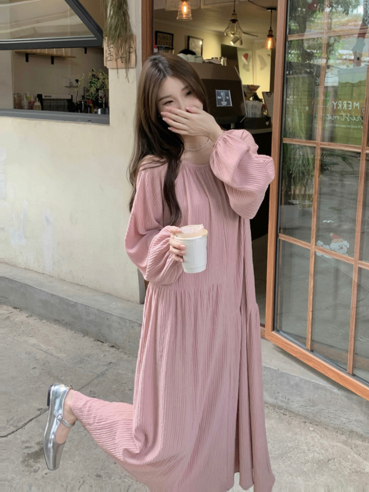 Actual shot~Korean chic asymmetric design round neck pleated textured loose long dress