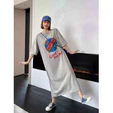 批发夏季新款开叉印花T恤连衣裙女宽松显瘦短袖裙子