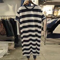 批发竹节棉中长款<b class='q'>条纹</b>连衣裙女2026春夏季新款韩版休闲短袖宽松裙子潮