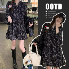 批发孕妇2026早秋新款茶歇法式黑色长袖碎花连衣裙子女高级感短裙
