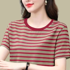 批发纯棉胖mm短袖T恤大码宽松妈妈女装夏季新款圆领条纹显瘦百搭上衣