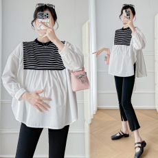 批发实拍秋装孕妇拼接条纹娃娃衫宽松显瘦百搭衬衫甜美减龄上衣