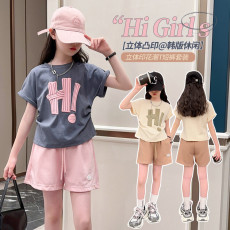 批发韩版洋气2026<b class='q'>女</b><b class='q'>童</b>夏季新款休闲童趣风印花不规则T恤+粉色短裤套装