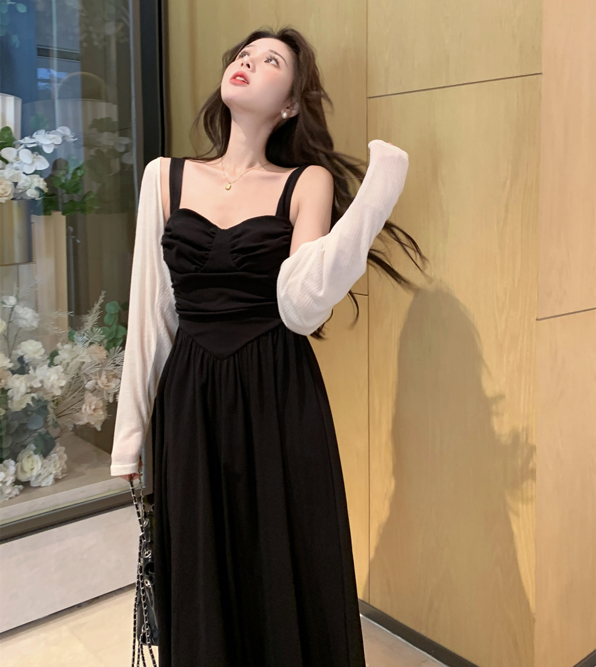 실사 이른 봄 빅 사이즈 여성 의류 지방 mm 그는 벤 바람 품격 검정색 니트 드레스 하이웨이스트 슬림해 보이는 투피스 세트
